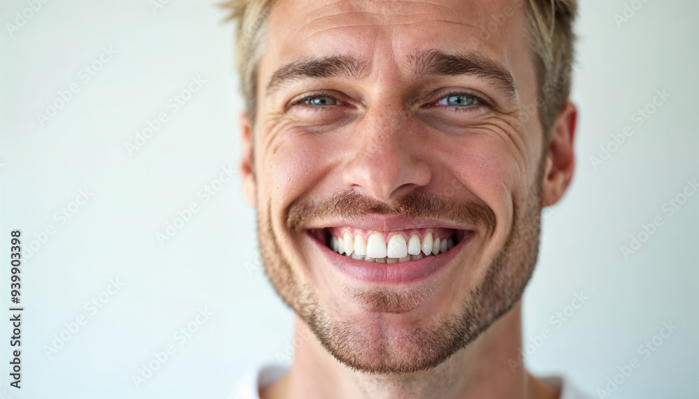 A handsome Scandinavian man with blonde hair and a confident smile showcases dental health against a clean background. A handsome Scandinavian man with blonde hair and a confident smile showcases dental health against a clean background.