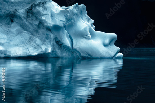 cold iceberg with profile of male face reflected in water on dark background photo