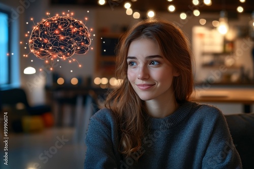 A woman smiles as she contemplates a glowing brain model representing the joy of discovery the excitement of learning and the dynamic power of cognitive processes in academic pursuits