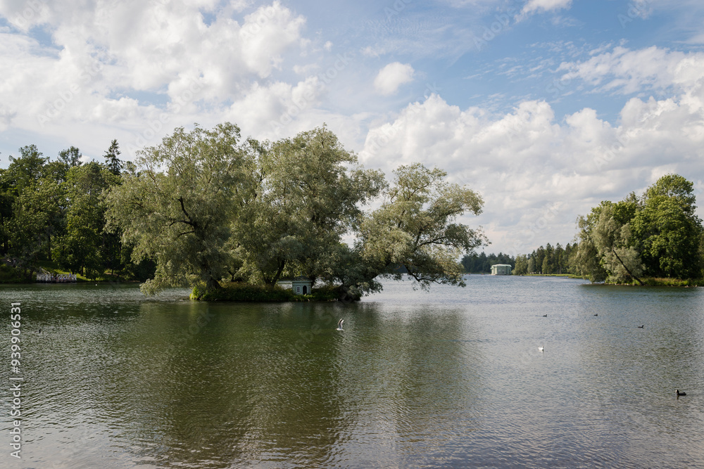 View of Beloye Ozero ( White Lake) and Gatchina Park on a beautiful sunny summer day in Gatchina town near Saint Petersburg, Leningrad Oblast, Russia