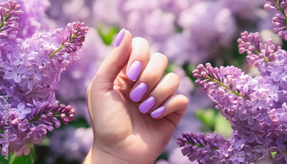 A hand featuring polished lavender nails is surrounded by clusters of fresh lilacs. The image highlights the seamless blend of floral beauty and feminine grace in a calm, natural environment. A hand featuring polished lavender nails is surrounded by clusters of fresh lilacs. The image highlights the seamless blend of floral beauty and feminine grace in a calm, natural environment.