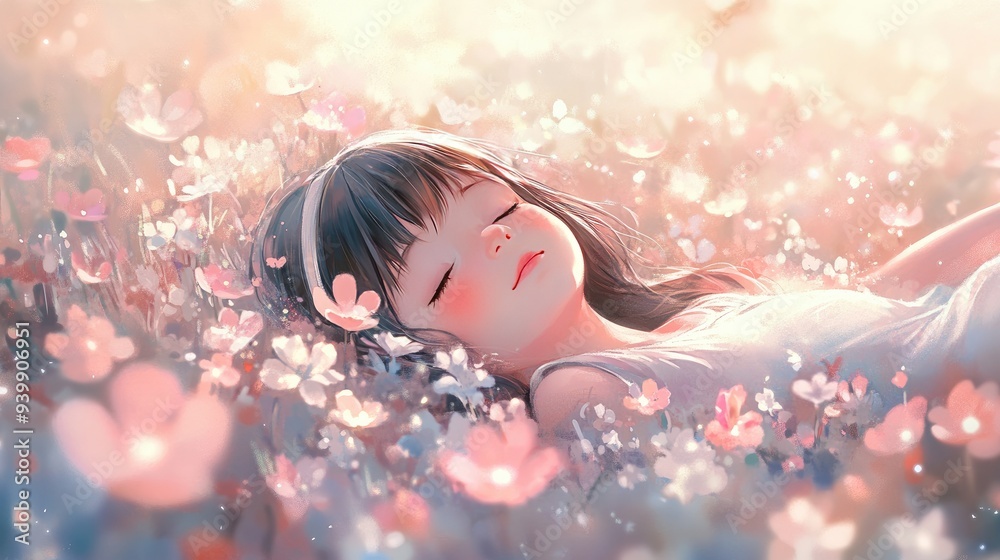 Dreamy anime child lying in a field of flowers, serene and peaceful, soft colors Dreamy anime child lying in a field of flowers, serene and peaceful, soft colors