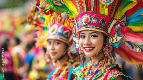 Two women wearing colorful costumes and beaded headdresses