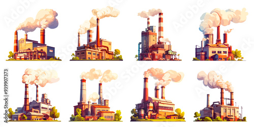 factory. plant, production industry chimneys pipes smog smoke air pollution ecology building set vector illustration