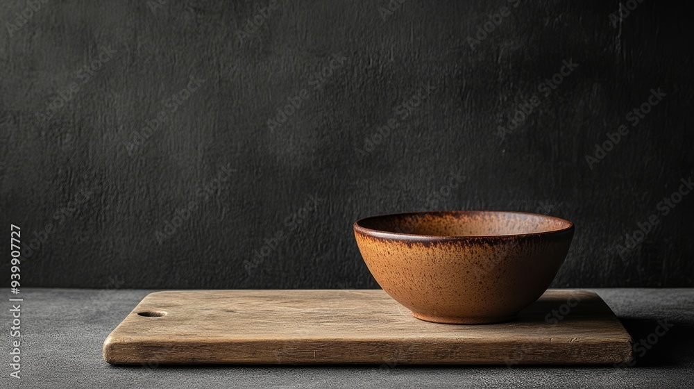 Empty ceramic bowl rests on a wooden cutting board, both a rich brown hue, contrasting against a dark, textured concrete backdrop. Empty ceramic bowl rests on a wooden cutting board, both a rich brown hue, contrasting against a dark, textured concrete backdrop.