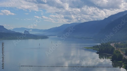 Columbia River Gorge National Scenic Area: Smoke on the Water.  Aerial Drone view of the Columbia River Gorge. Slow pull back wide shot. West to East view. Smoke and haze, from wildfires.