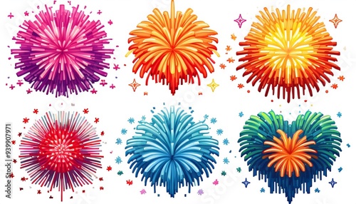 Festive Pixelated Fireworks Shapes - 16-bit pixel art set of distinct colorful fireworks. Game Design assets on white background. Graphic art 8 bit illustration