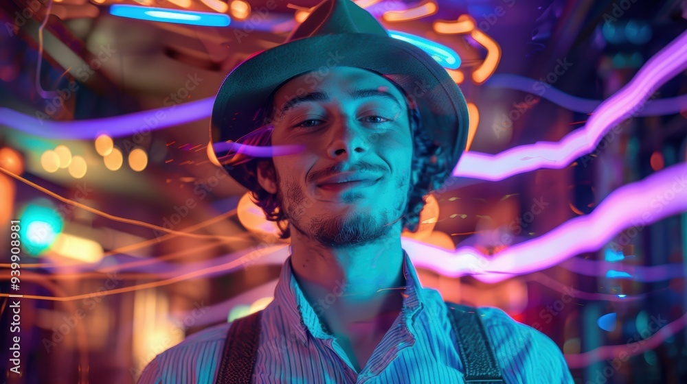 man with hat and beard in colorful lights man with hat and beard in colorful lights