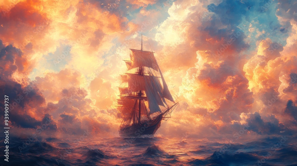 Fototapeta premium Sailing Ship Amidst Dramatic Sunset Clouds