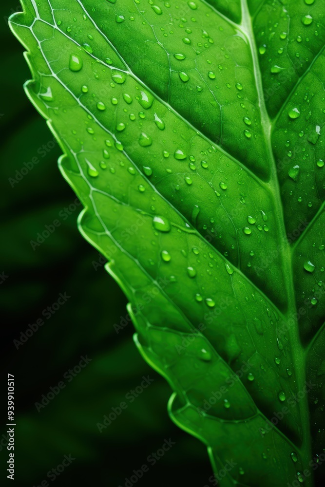 Closeup of green leaves with water droplets
