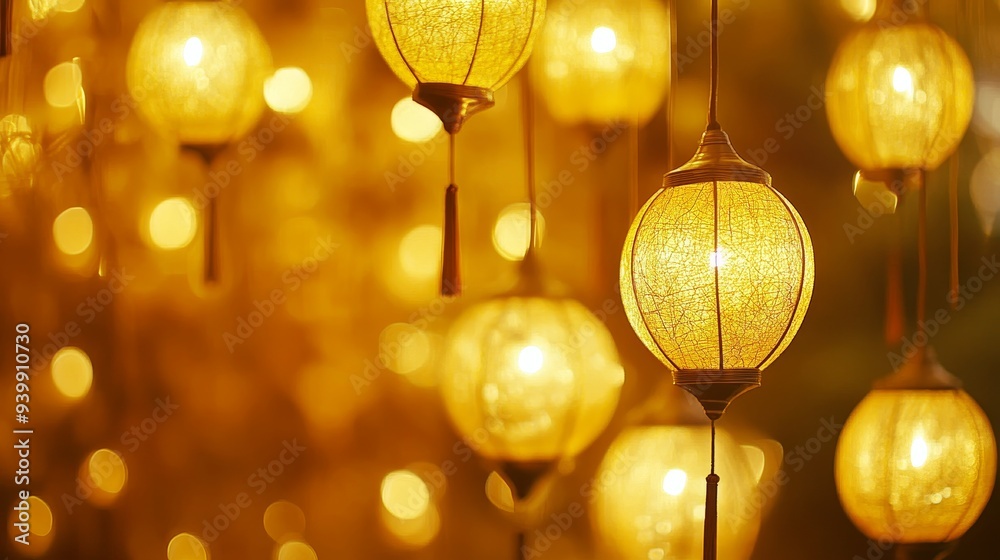 Illuminated lamps against a vibrant golden backdrop.