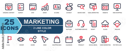 icon set marketing.style 2 line color.contains organic content,survey,checklist,stat,web,chart,grow,ID card,chatbot,search bar,email marketing,digital marketing.
