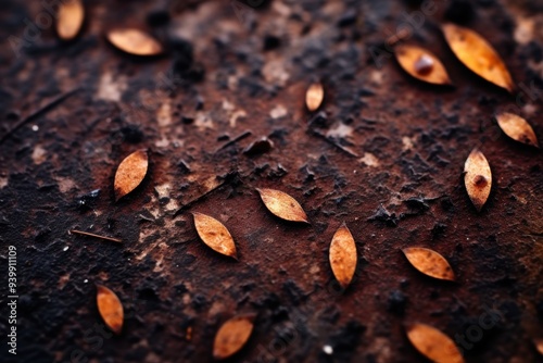 Autumn leaves on dark forest floor