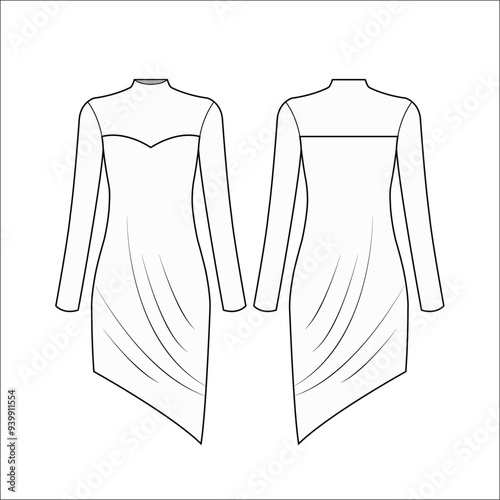 Technical sketch of summer sleeveless midi dress fashion illustration for icon design. Front and back flat design vector.