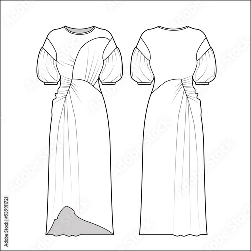 womens drawstring v neck maxi dress flat sketch vector illustration technical cad drawing template