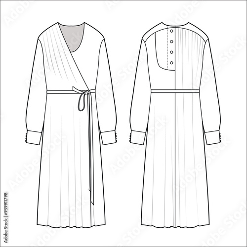 womens drawstring v neck maxi dress flat sketch vector illustration technical cad drawing template