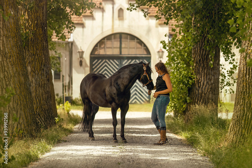 Equestrian lifestyle: A woman and her quarter horse stallion interacting together in summer outdoors