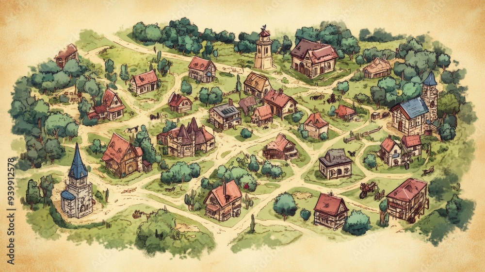 Fototapeta premium Medieval Fantasy Village Map