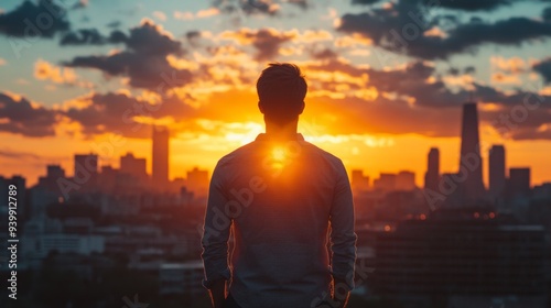 Man Watching Urban Sunset