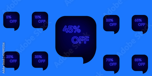 Special discount offer with different value percentages.. 5,15,25,35, 45,55,65,75,85. neon style. percentage price reduction label for cheap buy set vector illustration.