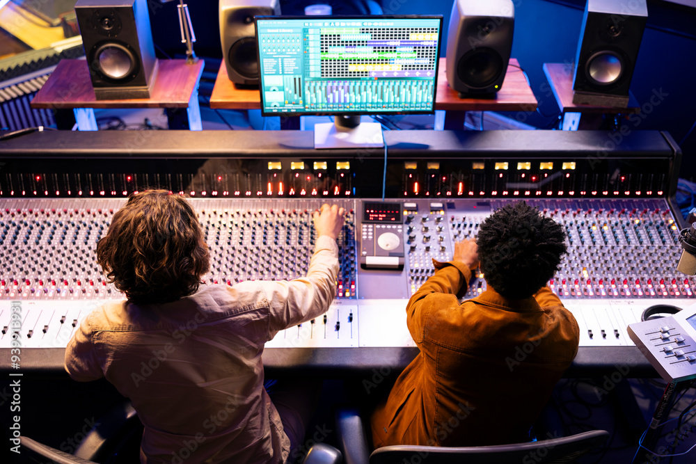 Εκτύπωση καμβά Audio expert and singer collaborating on music for new album, composing and editing tracks with mixing console and digital software on pc