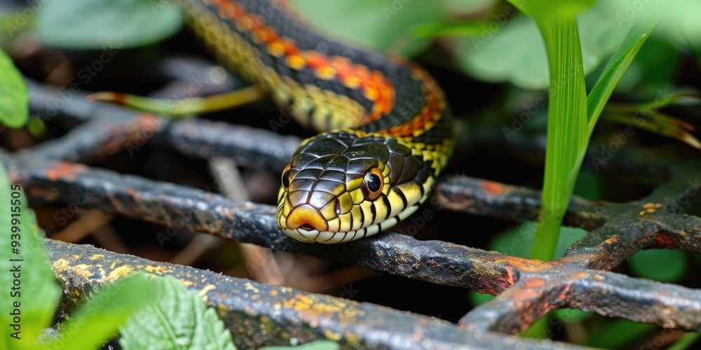 Obraz premium Garter snake navigates a metal grate amidst lush vegetation.