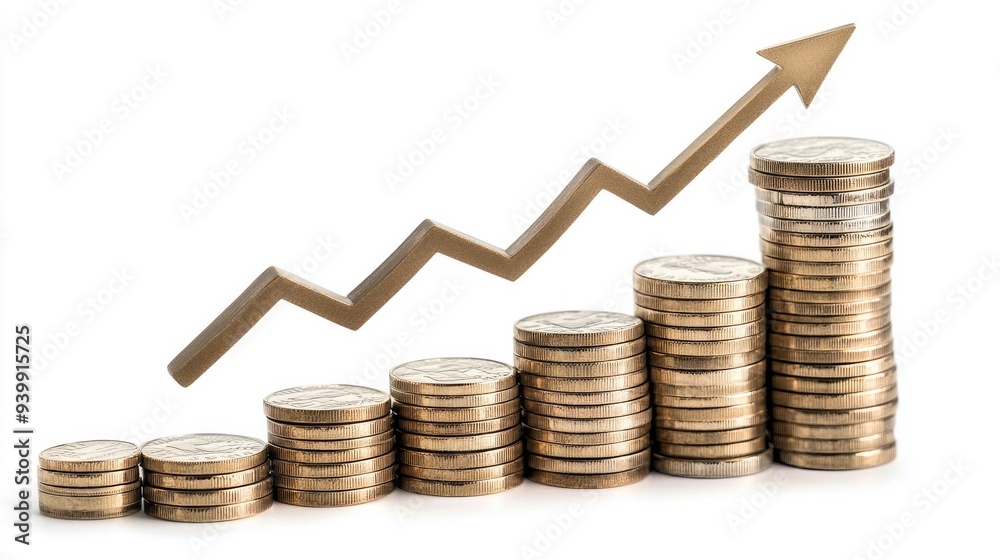 Stacked coins with a growing arrow, concept of financial growth, isolated on white background Stacked coins with a growing arrow, concept of financial growth, isolated on white background