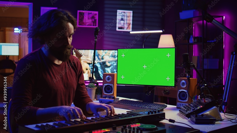 Musician playing piano midi controller and learning new notes, looking at online lesson on pc. Artist uses greenscreen display, learn to play keys on electronic keyboard. Camera B. Musician playing piano midi controller and learning new notes, looking at online lesson on pc. Artist uses greenscreen display, learn to play keys on electronic keyboard. Camera B.