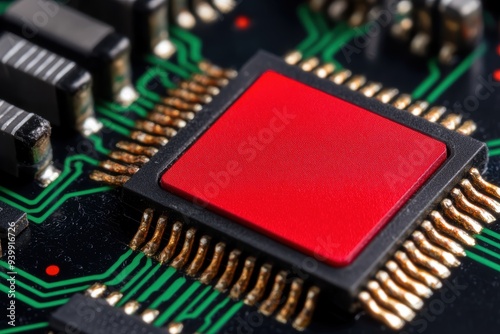 Close-up of a red computer chip on a circuit board