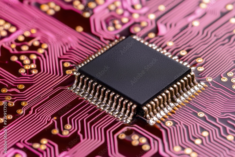 Closeup of a black computer chip on a pink circuit board Closeup of a black computer chip on a pink circuit board