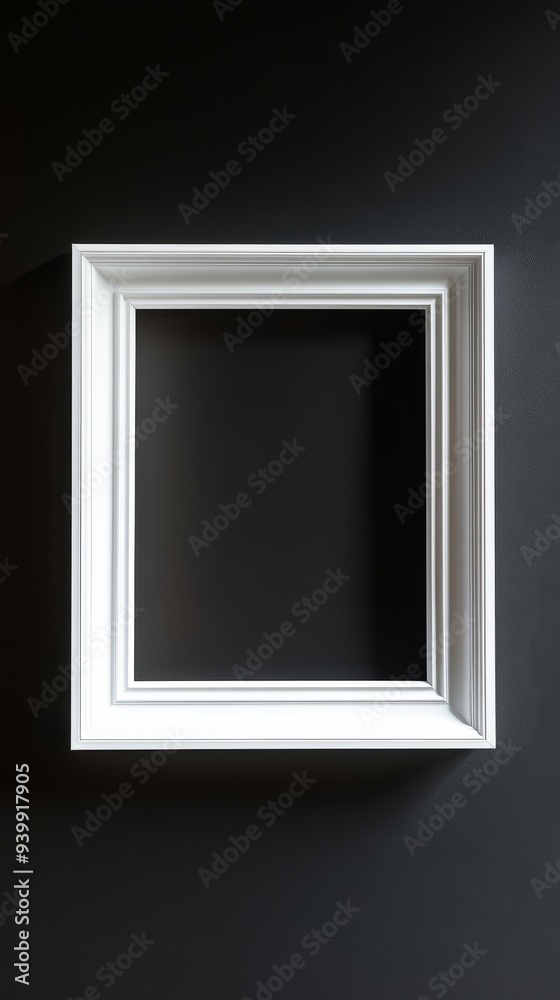 Close-up empty white frame on minimalist black background Close-up empty white frame on minimalist black background