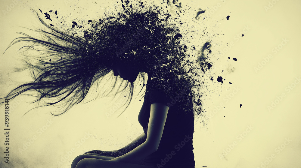 Shattered Serenity: A young woman's silhouette dissolves into abstract chaos, symbolizing inner turmoil, anxiety, or mental health struggles. Shattered Serenity: A young woman's silhouette dissolves into abstract chaos, symbolizing inner turmoil, anxiety, or mental health struggles.