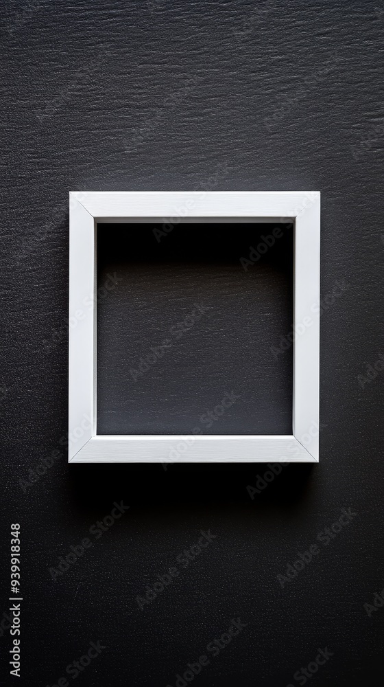 Close-up empty white frame on minimalist black background Close-up empty white frame on minimalist black background