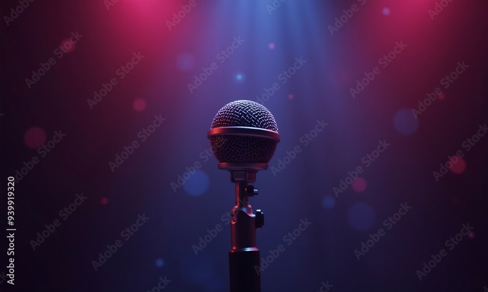 Obraz premium Shiny microphone illuminates singer face on stage generated by