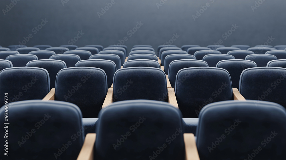Naklejka premium The seating area in an auditorium features neatly arranged dark blue seats with wooden armrests, awaiting the arrival of an audience for a performance