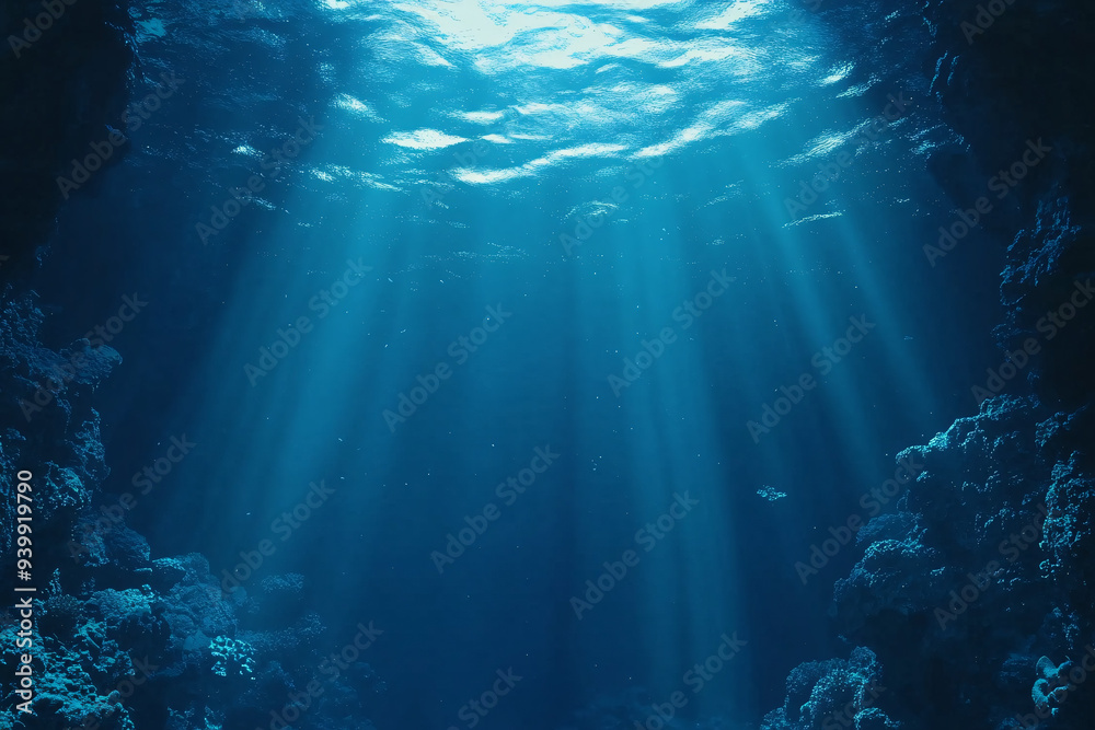 Naklejka premium Sunlight pierces through the ocean surface creating beautiful rays of light in a deep underwater scene