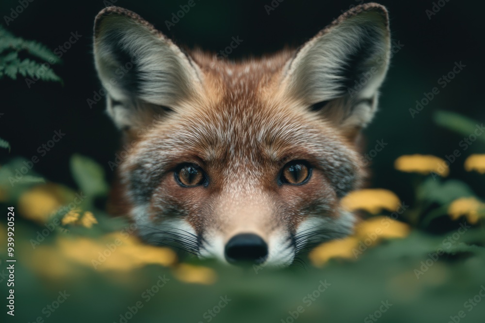 Fototapeta premium Curious fox peeking through the foliage