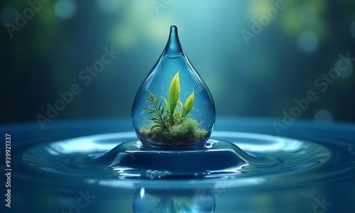 Realistic water drop with an ecosystem for world water day photo