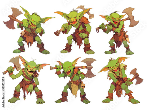 goblin with axe. green troll, fantasy monster evil beast fictional fairy tale character weapon aggression grin teeth hostile set of vector illustrations