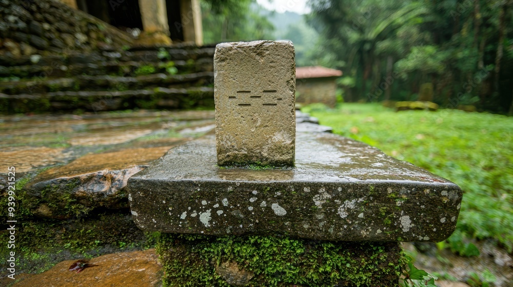 Moss-covered stone marker in lush forest Moss-covered stone marker in lush forest