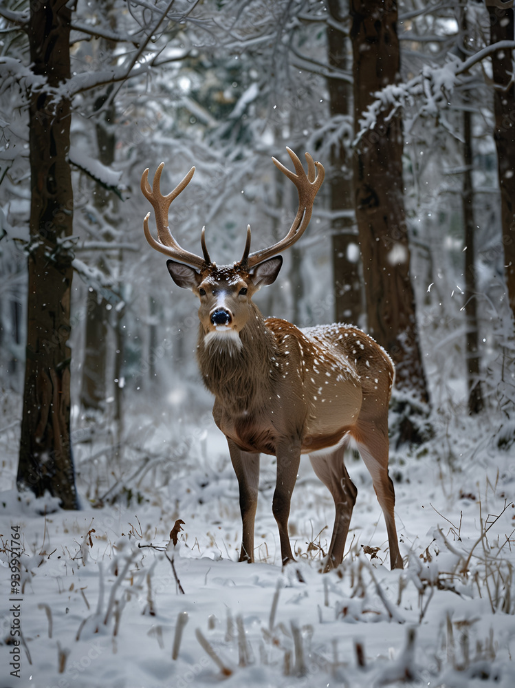 Majestic deer in snowy forest, intricate antlers, serene atmosphere Majestic deer in snowy forest, intricate antlers, serene atmosphere