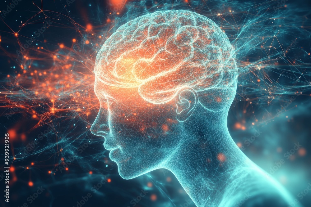 Profile of a Human Head with Glowing Brain Activity Representing Cognitive Processes Neural Connectivity and the Power of Thought in a Digitally Enhanced Mind Profile of a Human Head with Glowing Brain Activity Representing Cognitive Processes Neural Connectivity and the Power of Thought in a Digitally Enhanced Mind
