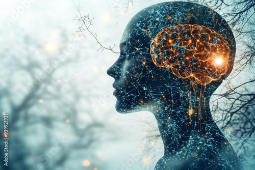 Profile of a Human Head with a Digital Brain Visualization in a Blue Hued Environment Symbolizing the Fusion of Technology and Human Thought in a Futuristic Context photo