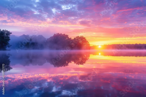 Sunrise Embrace on Serene Lake's Surface