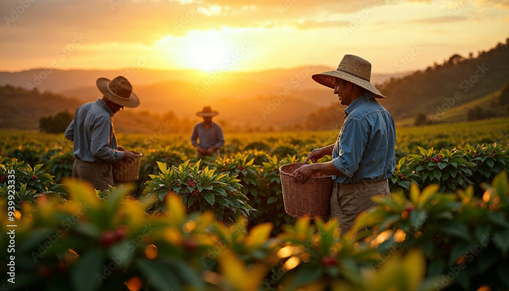 Brazilian farm workers harvesting coffee beans at sunrise, in vintage clothing with straw hats, against rolling hills and golden light.
Brazilian farm workers harvesting coffee beans at sunrise, in vintage clothing with straw hats, against rolling hills and golden light.