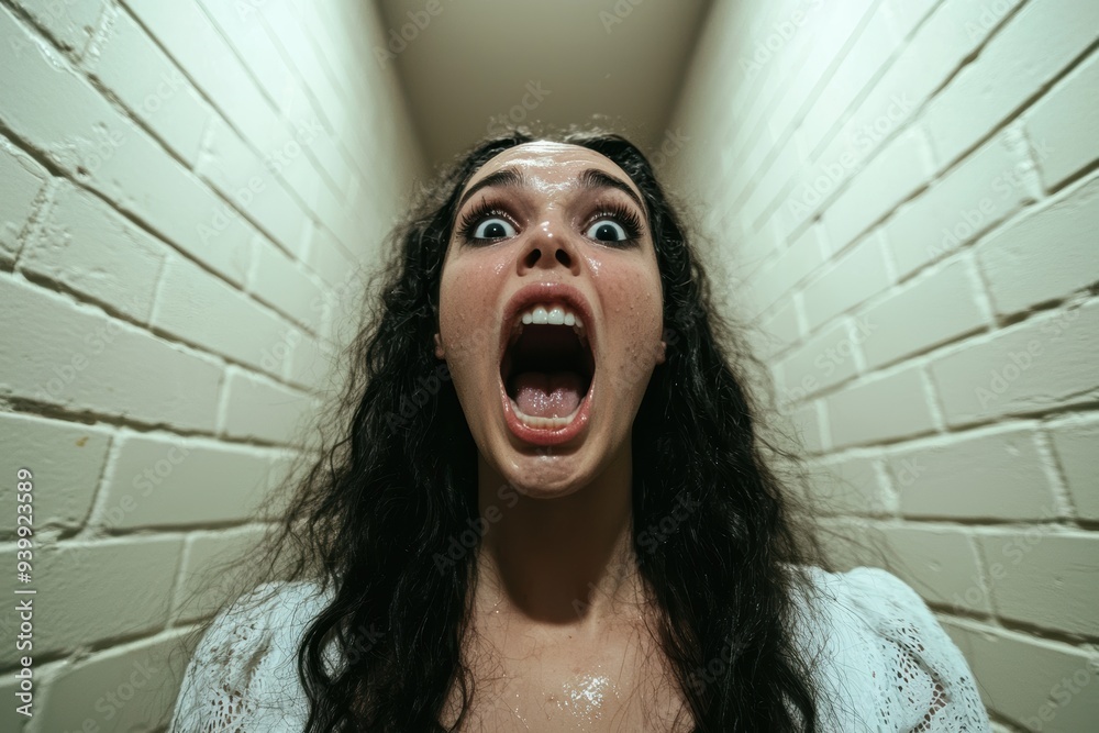 Shocked woman screaming in a narrow hallway Stock Photo Adobe Stock