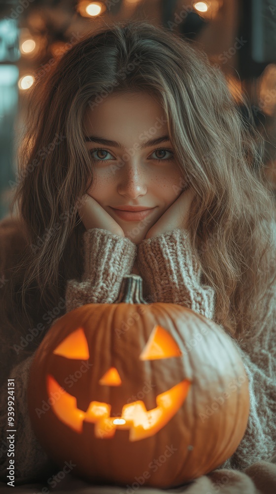 Close-up smiling woman with Halloween pumpkin. Cozy Halloween concept. Vertical photo