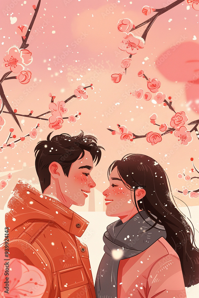 Young couple falling in love under cherry blossoms on valentine's day Young couple falling in love under cherry blossoms on valentine's day