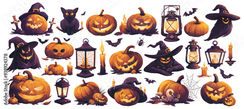 halloween pumpkins stickers. holiday elements set, ghost lantern candle black cat vector illustration