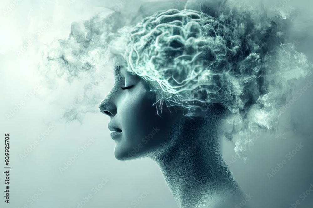 Abstract Silhouette of a Woman with a Brain in Wispy White Forms Representing the Ethereal Nature of Thought Imagination and the Dreamlike State of the Mind Abstract Silhouette of a Woman with a Brain in Wispy White Forms Representing the Ethereal Nature of Thought Imagination and the Dreamlike State of the Mind